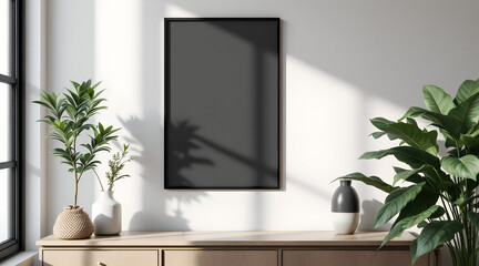 Minimalist interior with black frame and green plants. Contemporary home design featuring clean lines and natural elements. Concept: interior design, home decor, urban living, mockup, blank
