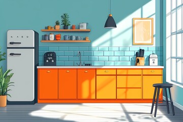 Modern Kitchen Interior with Orange Cabinets, Natural Light and Cozy Home Decor