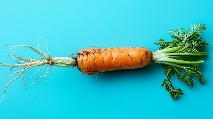 Fototapeta premium An orange carrot with green leafy tops and roots is centered horizontally on a bright blue background.