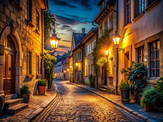 Fototapeta premium Enchanting Nighttime Stroll Through a Historic Cobblestone Street in an Old European Town Architectural Wonders Under a