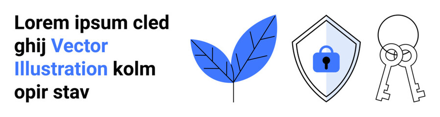 Fototapeta premium Blue leaf, shield with lock, and keys representing eco-conscious security, protection, and access themes. Ideal for technology, environment, sustainability, encryption password safety privacy flat