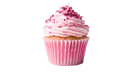 Pink cupcake with sprinkles on black background, cut out transparent