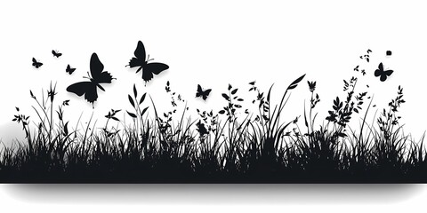 Abstract Butterfly Silhouette on Floral Grass - Black and White Nature Vector Artwork