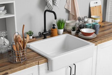 Ceramic sink, clean dishes and plants on wooden kitchen counter