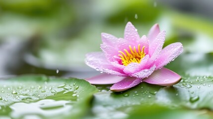 Delicate pink water lily, glistening with dew drops, resting on lush green leaves