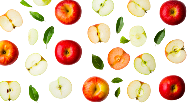 Red apples halves, leaves and whole fruit on black, cut out transparent