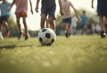 day ball blurred ground kids playing soccer sunny background lifestyle children excitement sport sun summer youth grass fun energy exercise competition fitness play friends field sky health
