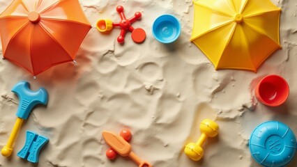collection colorful plastic toys scattered beige colored textured surface two orange umbrellas side one right side two red blue bowls bottom right side center red yellow toy figure person their arms