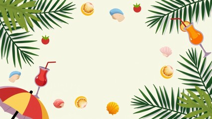 illustration tropical theme has white background green palm leaves right sides center various fruits seashells scattered around side red cocktail glass straw slice orange rim next glass yellow red