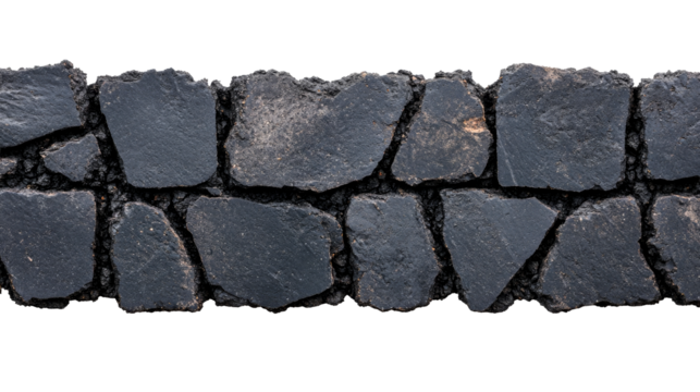 Row of dark stone blocks, jagged edges, material, surface, cut out transparent