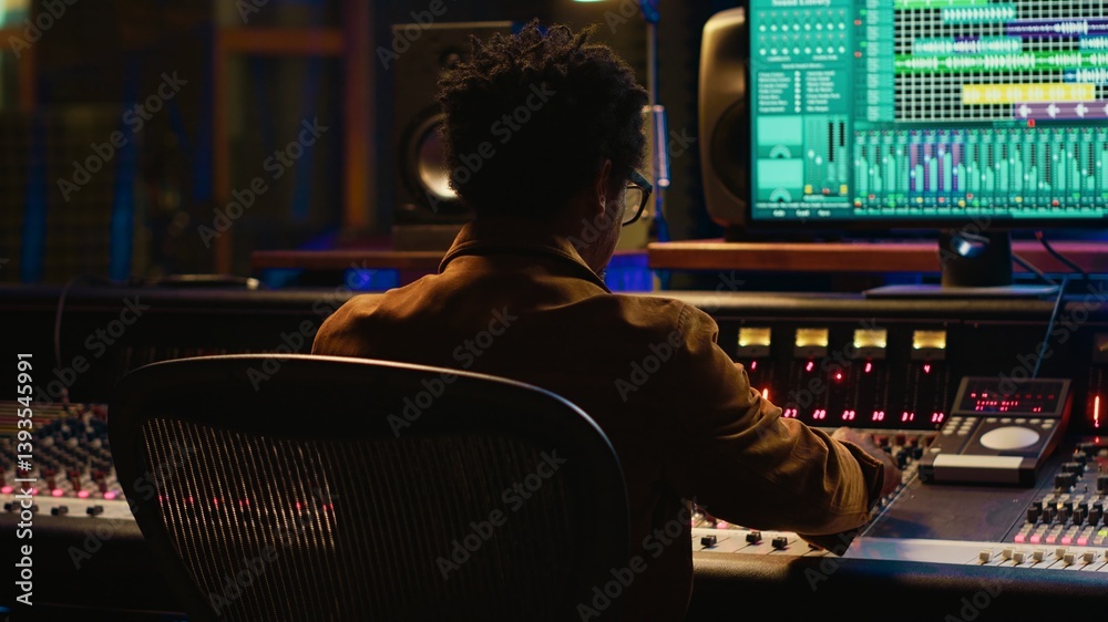Poster african american music producer vibing on his new track in professional studio, mixing and mastering