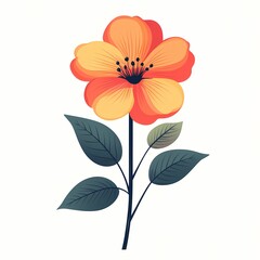 Vibrant Orange Flower Illustration: Modern Botanical Art with Green Leaves