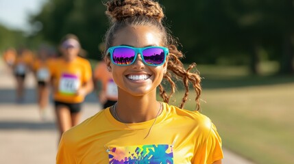 charity race, community race with participants wearing awareness t-shirts and charity bibs, colorful crowd, energetic atmosphere, and candid smiles in natural light