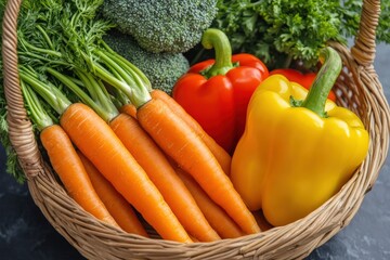 Fresh and colorful vegetables displayed attractively inside a woven basket