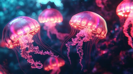 Obraz premium A wide-angle photo of luminous cyberpunk jellyfish with emitting diodes floats in a mysterious neon space, their glowing bodies illuminating the futuristic underwater scene.