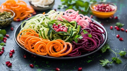 Rainbow spiralized veggie salad zucchini carrots and beets topped with pomegranate seeds and drizzled with citrus dressing