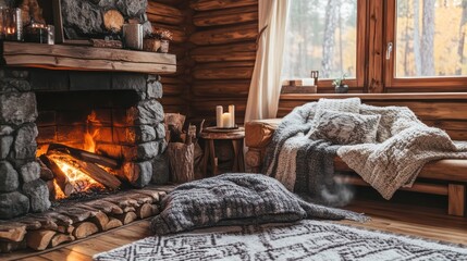Cozy cabin interior with fireplace pet
