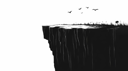 Tranquil Cliffside Landscape in Minimalist Black and White: Nature Photography Featuring Silhouetted Birds and Dramatic Skyline for Peaceful Exploration and Scenic Adventure