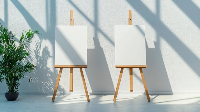 Two blank canvases on easels in a sunlit studio space, creating an inviting atmosphere for creativity.