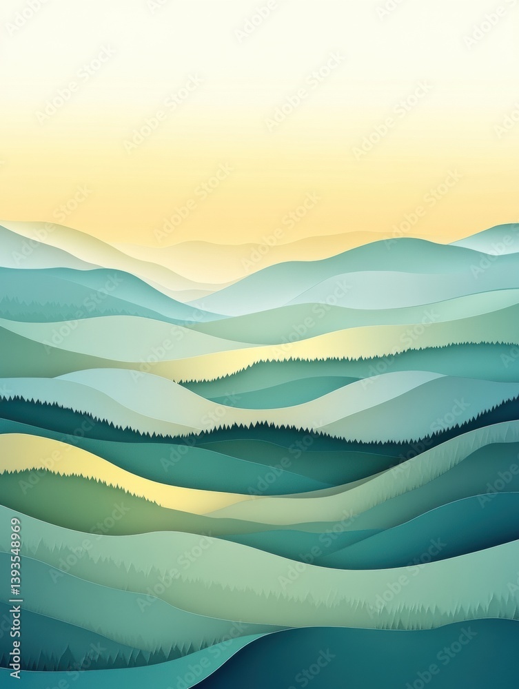 Aufkleber layered hills create a serene landscape under soft morning light with subtle fog touching the valley