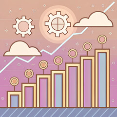 E-commerce AI integration and technology concept. Abstract illustration of growth with gears and clouds in soft colors.