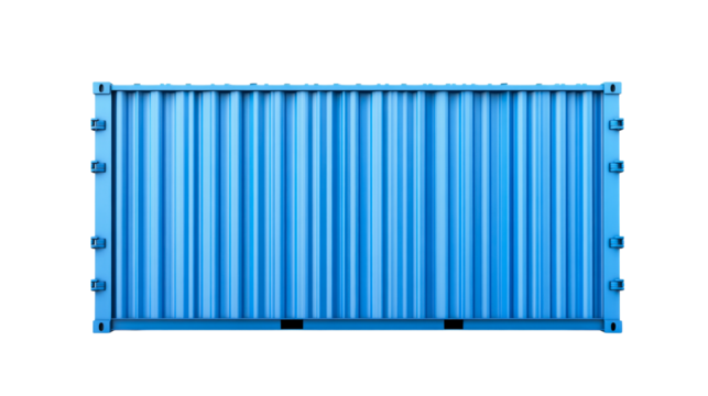 Blue shipping container with corrugated steel walls, cut out transparent