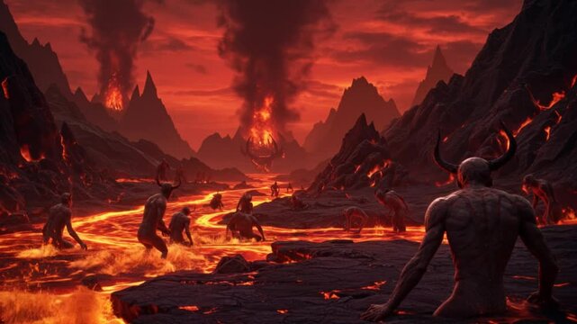Infernal River of Fire: Demons Trekking Through a Volcanic Landscape of Eternal Damnation