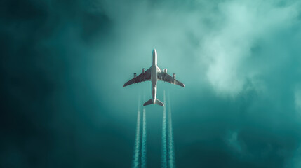 Obraz premium A surreal aerial shot of a passenger jet flying directly overhead, vapor trails slicing through a teal-tinted sky, soft but moody clouds in the background