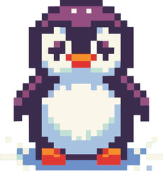 8 bit pixel penguin is sitting. Animals for game assets and beads pattern in vector illustration