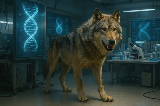 An artistic interpretation of a genetically engineered dire wolf, brought back from extinction after thousands of years.