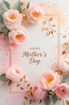 Postal para d&iacute;a de las madres en tono rosa pastel con flores en las esquinas. Con la leyenda "Happy mother&acute;s day".