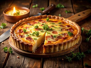 GoldenBrown Crust Quiche Lorraine Slices A Savory Delight Revealed in an Overhead Night Shot
