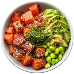 A bowl of fresh poke with avocado and other ingredients isolated on white background