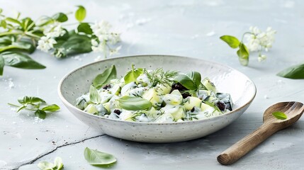 Refreshing cucumber dill salad with a light yogurt dressing served in a white ceramic bowl with a wooden spoon resting beside it