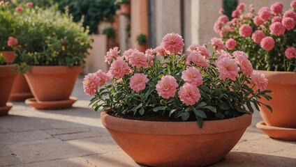 Pink flowers in a terracotta pot, perfect for decor.
