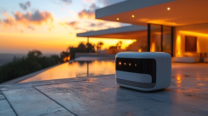 Obraz premium Modern device by pool at sunset villa