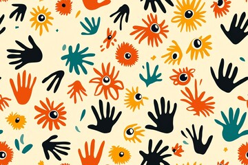 abstract pattern of colorful hands, eyes, and flowers in modern naive art style, paper-cut aesthetic