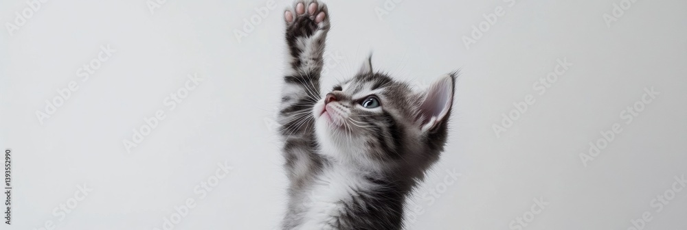 Poster fluffy kitten playfully raising one paw in a minimal setup on a white background