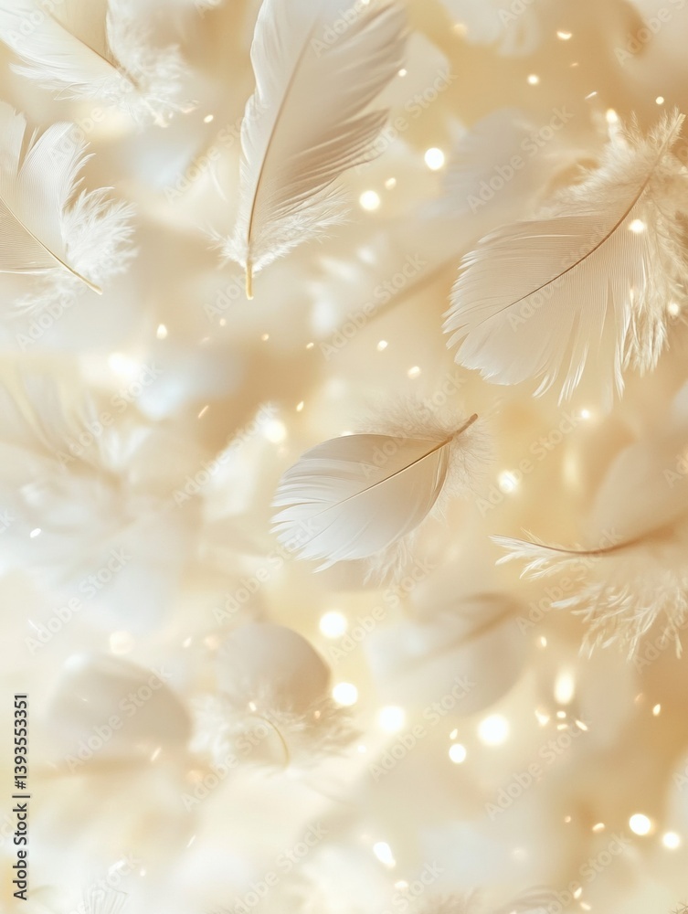 Poster Floating feathers and sparkles create a serene ambiance on a creamy background with soft movement and gentle elegance