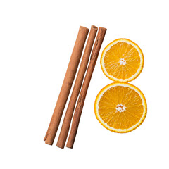Cinnamon sticks and dried orange slices arranged together on transparent background