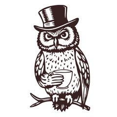 owl wearing a top hat and holding a cup, coffee vintage illustration