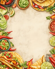 Cinco de Mayo border with traditional Mexican dishes with copy space
