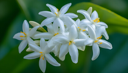 Fototapeta premium Delicate jasmine white flowers are blooming in a lush setting of green foliage