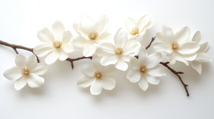 Obraz premium Delicate white magnolia blossoms branch out against a soft, neutral background, radiating springtime elegance