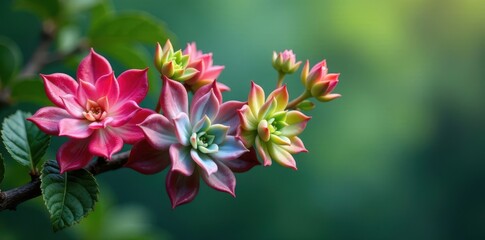 Obraz premium Branch with colorful succulent flowers and leaves, foliage, blooming