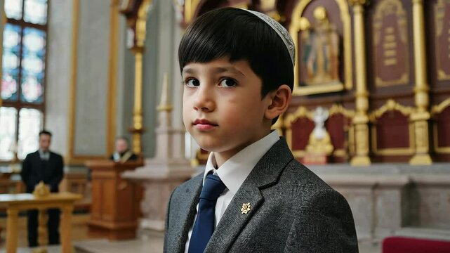 Young boy in formal attire attends religious ceremony in ornate synagogue with colorful stained glass windows