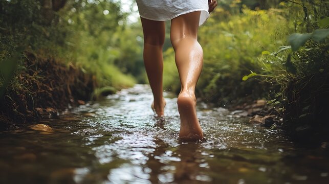 Feet walking barefoot along path near stream