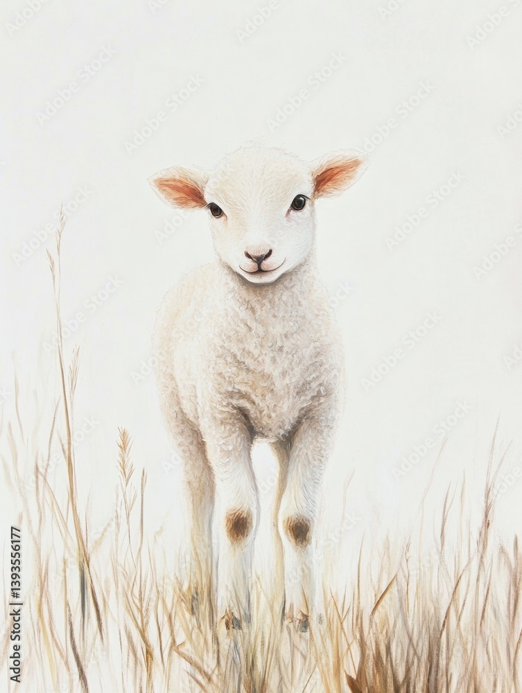 Aufkleber lamb standing in soft grass against a gentle white background during a serene moment in nature