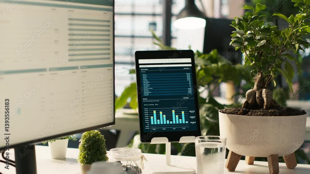 Poster modern workspace with key performance indicators data on display in bright office environment with p
