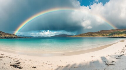 Rainbow over serene lakeside beach
